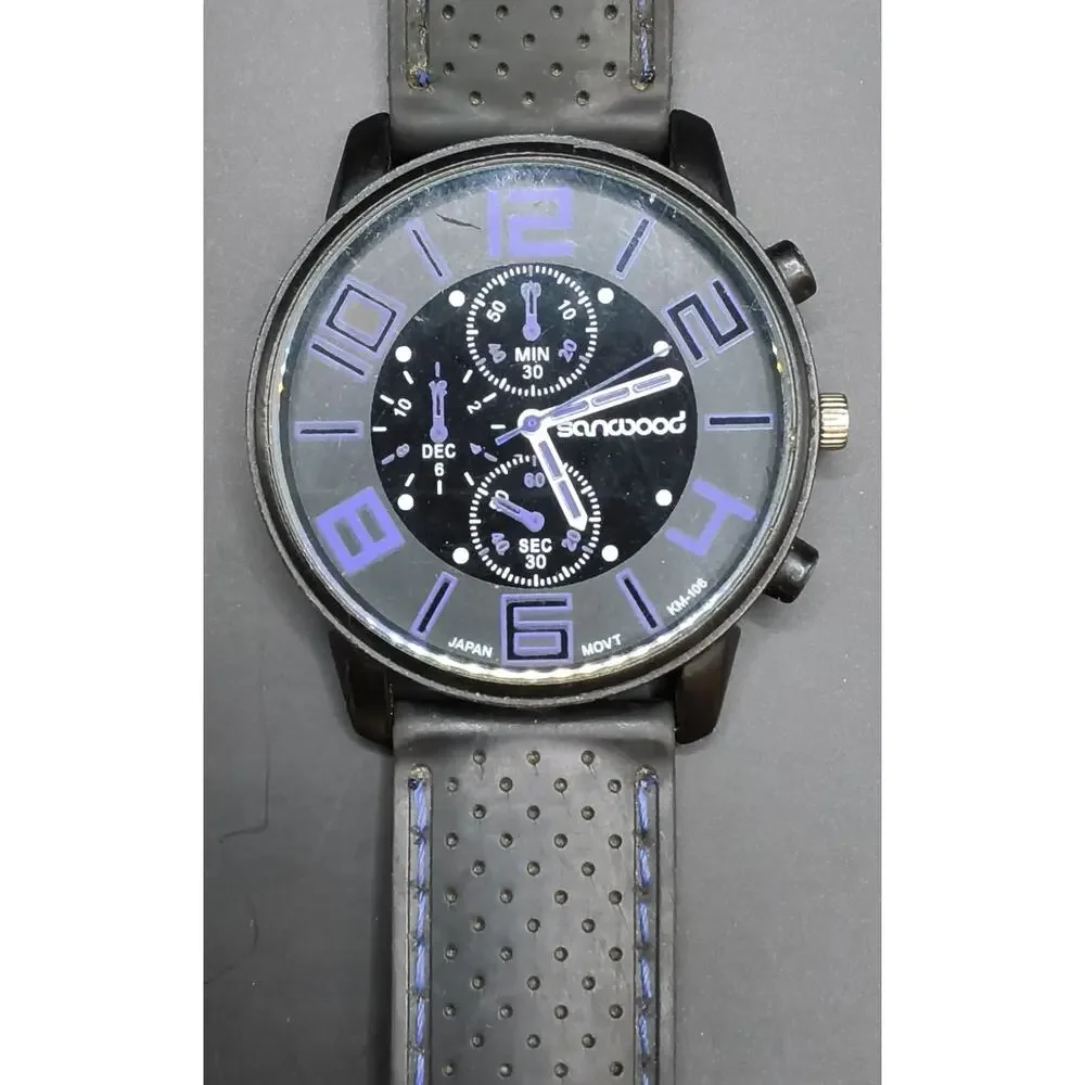 Sanwood Black/Blue Unisex Watch Black Buckle Band Round Face Blue Numbers #W5509